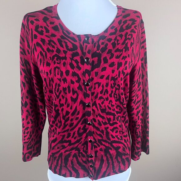 WHBM 3/4 Sleeve Cardigan Sweater Size M Red Black, Animal Print, Round Neckline - Picture 2 of 9